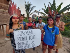 Huni Kui Indigenous youth mobilize to Brasilia in August 2021.