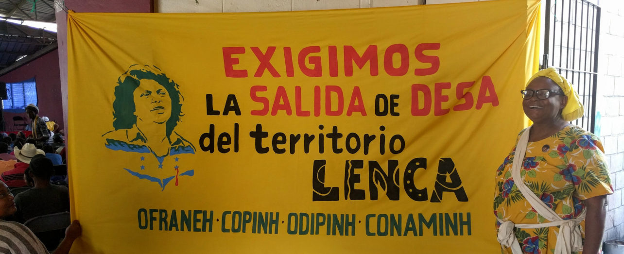 COPINH member and banner in Honduras 2017