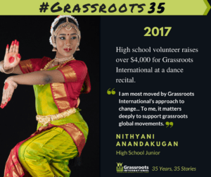 #Grassroots35: Nithyani Anandakugan raised $4,000 for Grassroots International at a dance recital last year.